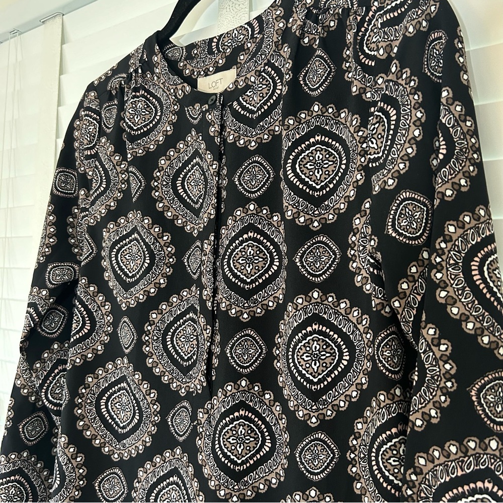 LOFT Dress Mini Long Sleeve Black Brown Paisley Shift Drop Waist XS - Picture 3 of 6